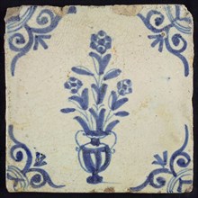 Flower tile, flowerpot in blue on white, corner motif large ox head, wall tile tile sculpture ceramic earthenware glaze, baked