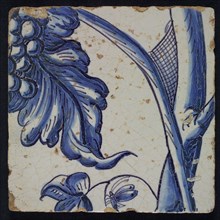 Blue tile of pilaster with 39 tiles, stems with spiderweb and piece of bunch of grapes, tile pilaster footage fragment ceramic