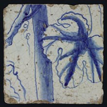 Blue tile with large leaves, of pilaster with 39 tiles, tile pilaster footage fragment ceramic pottery glaze, Two blue tiles