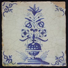 Flower tile, flower pot in blue on white, corner pattern ox head, wall tile tile sculpture ceramic earthenware glaze, baked 2x