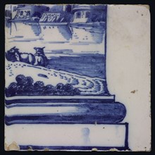 Blue tile with right base of pillar showing landscape with sheep, water, houses of pilaster with 26 tiles, tile pilaster footage