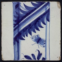 Blue tile with pillar with entwined leaf and flying butterfly, of pilaster with 13 tiles, tile pilaster footage fragment ceramic