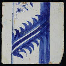 Blue tile on gray with top of column with entangled leaves and flower, of pilaster with 13 tiles, tile pilaster footage fragment