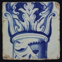 Blue tile with part of the corinthian column, leaves, upright fan-shaped flower, of pilaster with 13 tiles, tile pilaster