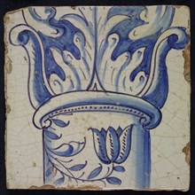 Blue tile on gray with the top of pillar, part of corinthian column, leaves, upright tulip-like flower, of pilaster with 13