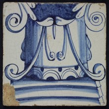 Blue tile of an upper part of corinthian column with volutes, upper part of pilaster with 13 tiles, red pottery, tile pilaster