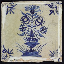 EH, Flower Tile, flowerpot in blue on white, corner motif big ox head, wall tile tile sculpture ceramic earthenware glaze h 13.0