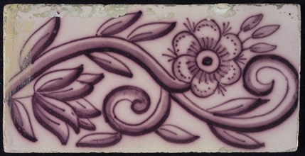 Verwijk, Van Traa, Border tile, purple on white, curled foliage with flowers, border tile wall tile tile sculpture ceramic