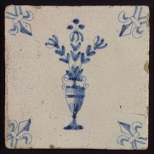 Flower Tile, slender flowerpot in blue on white, corner pattern French lily, wall tile tile sculpture ceramic earthenware glaze