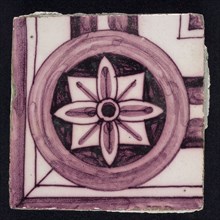 Square purple corner border tile with column halftone, stylized flower in square inside circle, border tile wall tile