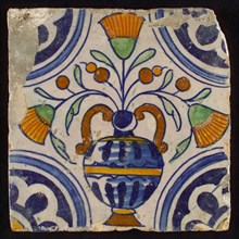 Tile, blue draft, orange, brown and green on white, central flowerpot with marigolds, corner pattern, rosette, wall tile