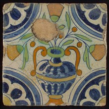 Tile, blue draft, orange, yellow and green on white, central flowerpot with marigolds, corner pattern, rosette, wall tile