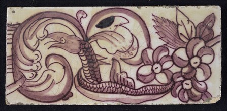 Rectangular edge tile in purple with hinged decor of leaves, flowers and twisted snake with scales and fin, border tile wall