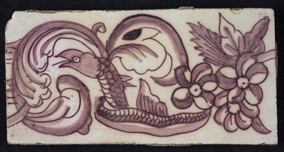 Rectangular edge tile in purple with sling of leaves, flowers and twisted snake with scales and fin, border tile wall tile tile