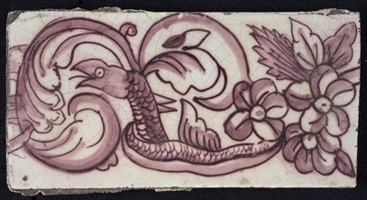 Rectangular edge tile in purple with sling of leaves, flowers and twisted snake with scales and fin, edge tile wall tile tile