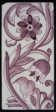 Rectangular edge tile in purple with tulip decor, with flower of ten oval petals, leaves, type of tulip fawn, yellow pottery