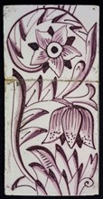 Rectangular edge tile in purple with hinged decor of speckled tulip, flower with ten triangular petals, leaves, type of tulip