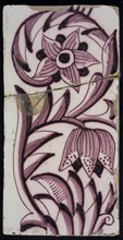 Rectangular edge tile in purple with sling decor of speckled tulip, flower with ten triangular petals, leaves, type of tulip