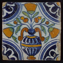 Tile, blue draft, orange, brown, yellow and green on white, central flowerpot with marigolds, corner pattern, rosette, wall tile