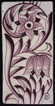 Rectangular edge tile in purple with sling decor of speckled tulip, flower with ten triangular petals, leaves, type of tulip