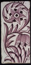 Rectangular edge tile in purple with sling decor of speckled tulip, flower with ten triangular petals, leaves, type tulip fawn
