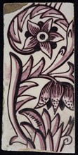Rectangular wall tile in purple with garland decor of speckled tulip, dark flower with 10 triangular petals, leaves