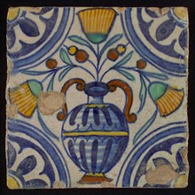 Tile, blue draft, orange, brown, yellow and green on white, central flowerpot with marigolds, corner pattern, rosette, wall tile