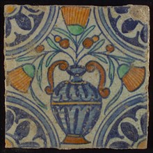 Tile, blue draft, orange, yellow, brown and green on white, central flowerpot with marigolds, corner pattern, rosette, wall tile