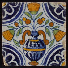 Tile, blue draft, orange, brown and green on white, central flowerpot with marigolds, corner pattern, rosette, wall tile