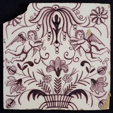 Light purple tile, two twisting angels with flower in hand, flower vase with different flowers, two types of flowers as corner