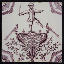 tile manufacturer: Aalmis, Cartouche tile, purple; acrobat, corner motif quarter rosette, wall tile tile sculpture ceramic