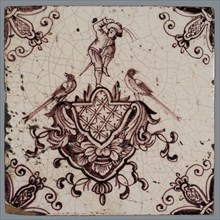tile manufacturer: Aalmis, Cartouche tile, acrobat with saber and hand on the hat, corner motif spider, wall tile tile sculpture
