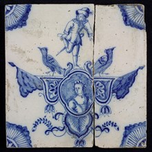tile manufacturer: Aalmis, Cartouche tile, acrobat with birds and woman's portrait, corner motif quarter rosette, wall tile