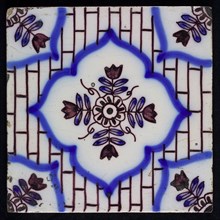 Ornament tile, floral central decor, corner motif flower, wall tile tile sculpture ceramic earthenware glaze, baked 2x glazed