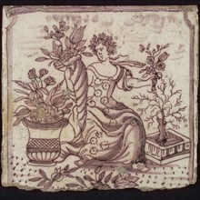 Scene tile, woman with flowers, wall tile tile sculpture ceramic earthenware glaze, baked 2x glazed painted Purple tile Flora
