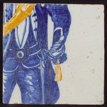 Tile of tiled panel with in blue the lower part of figure: hull with yellow details, tile picture material fragment ceramic