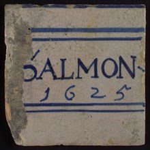 White tile with blue horizontal lines with SALMON and 1625, tile picture footage fragment ceramics pottery glaze, SALMON 1625
