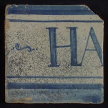 White tile with blue horizontal lines and HA, tile picture footage fragment ceramics pottery glaze, HA ... Hanibal? Hannibal
