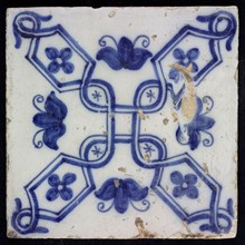 Ornament tile, blue on white, central braided decoration along two diagonals, with four flowers on the cutting edge of the