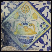 PP, Flower Tile, orange, green and blue on white, flowerpot in square, corner pattern palmet, wall tile tile sculpture ceramic