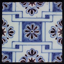 Ornament tile, blue on white, central square decor with purple rosette, along two blue diagonals diamond pattern, with flowers