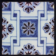 Ornament tile, blue on white, central square decor with purple rosette, along two blue diagonals diamond pattern, with flowers