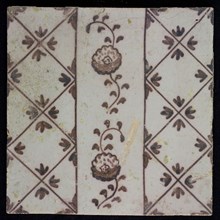 Ornament tile, purple on white, vertical decor with two flowers in the middle lane, diamond pattern with quarter flower pattern