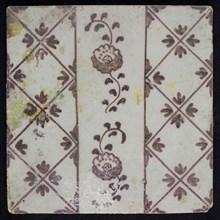 Ornament tile, purple on white, vertical decor with two flowers in the middle lane, diamond pattern with quarter flower motif