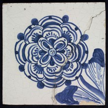 Ornament tile, flower, peony?, wall tile tile sculpture ceramic earthenware glaze, baked 2x glazed painted Bauw on white