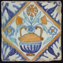 M I?, Flower tile, orange, brown, green and blue on white, flowerpot in square, corner pattern palm, wall tile tile sculpture