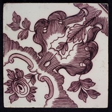 Purple tile, diagonal decor, from quarter stylized flower come volutes and leafwork, ending in rose with leaves around it, wall