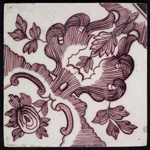 Purple tile, diagonal decor, from quarter stylized flower come volutes and leaf work, ending in rose with leaves around it, wall