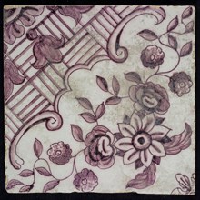 Purple ornament tile with diagonal decor and flower, wall tile tile sculpture ceramic earthenware glaze tin glaze, baked 2x