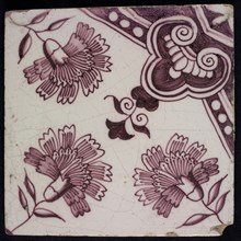 Ornament tile, central corner motif and carnations, wall tile tile sculpture ceramic earthenware glaze, baked 2x glazed painted